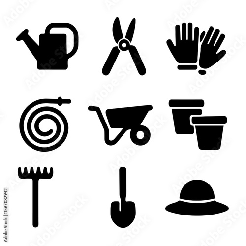 Garden Icon Set. Solid, filled icon set of garden accessories: watering can, pruning shears, gloves, garden hose, wheelbarrow,