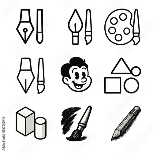 Icon Styles Grid. Outline icon set of illustration styles: flat design, line art, watercolor wash, pastel rendering, retro cartoon