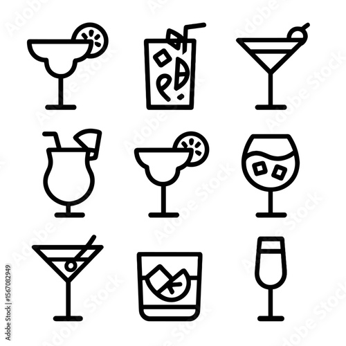 Festive Cocktail Icons. Solid, filled icon set of festive cocktails: margarita, mojito, cosmopolitan, piña colada, daiquiri,