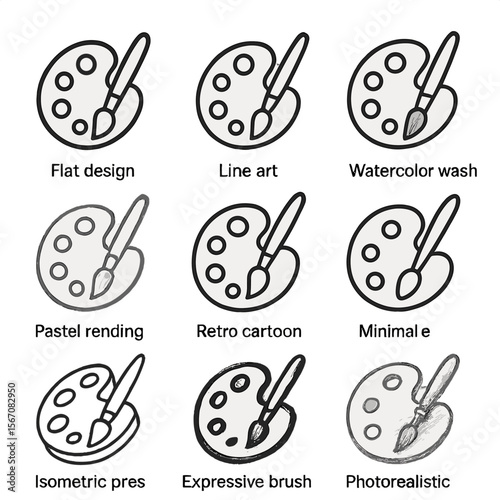 Icon Styles Grid. Outline icon set of illustration styles: flat design, line art, watercolor wash, pastel rendering, retro cartoon