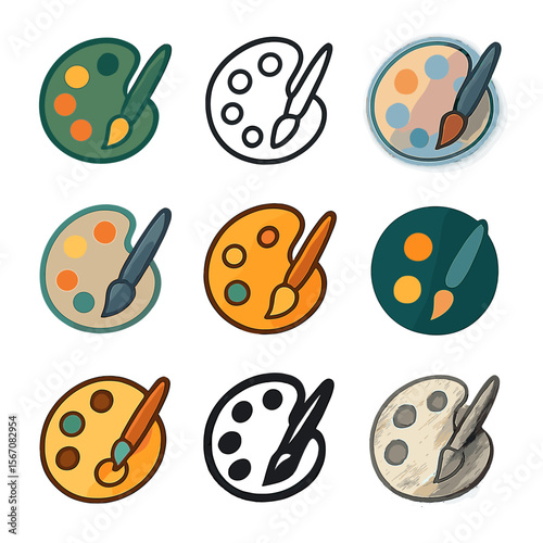 9 Icon Styles. Solid, Filled icon set of illustration styles: flat design, line art, watercolor wash, pastel rendering, retro