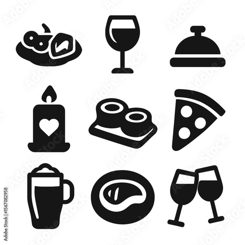 Dining Icon Set. Solid, filled icons set of dining experiences: appetizer plate, wine glass, reservation bell,