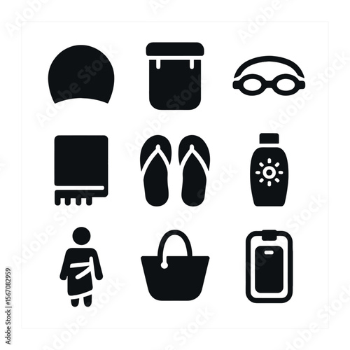 Swimwear Accessories Icons. Solid, filled icons set of swimwear accessories: swim cap, waterproof pouch,