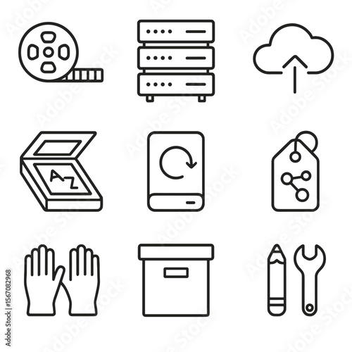 Digital Archive Icons. Outline icon set of modern archives and digital preservation: microfilm reel, server rack, cloud storage