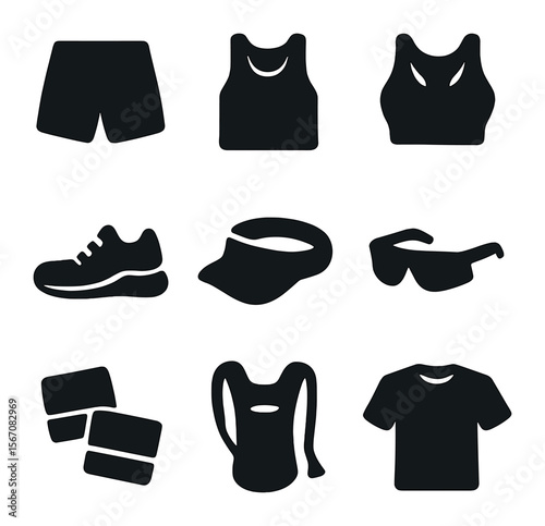 Sporty Summer Wear Icons. Solid, filled icons set of sporty summer wear: athletic shorts, tank top, sports bra