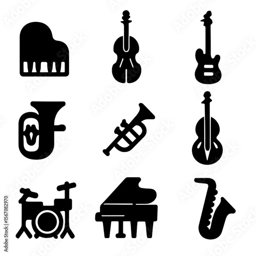 Instrument Icon Grid. Solid, filled icon set of heavy composition: large piano, cello, bass guitar, tuba, trumpet, double bass,