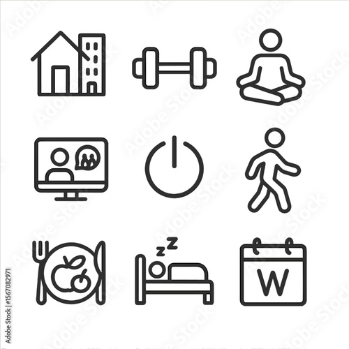 Developer Balance Icons. Outline icon set of Work-life balance for developers: home and office split, exercise dumbbell,