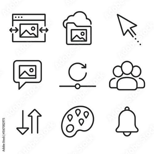 Digital Art Icon Set. Outline icon set of digital art collaboration platforms: shared canvas window, cloud storage folder with