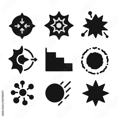 Supernova Icon Set. Solid, Filled icon set of core-collapse supernova (Type II): iron core collapse, shock revival, neutrino burst
