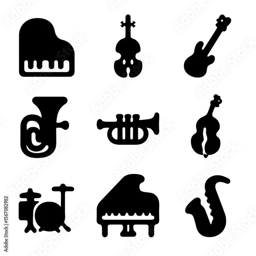 Instrument Icon Grid. Solid, filled icon set of heavy composition: large piano, cello, bass guitar, tuba, trumpet, double bass,