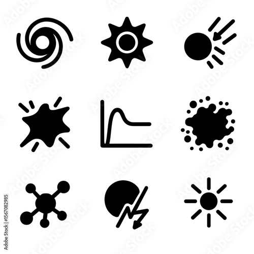 Supernova Icon Set. Solid, Filled icon set of core-collapse supernova (Type II): iron core collapse, shock revival, neutrino burst