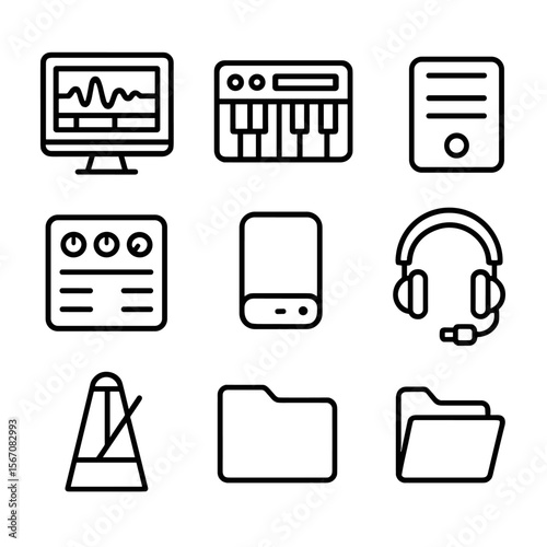 Digital Audio Icons. Outline icon set of digital audio production workflow: DAW screen with waveform, MIDI keyboard controller,