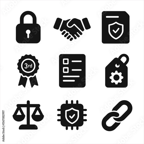 Supply Chain Cybersecurity Icons. Solid, Filled icon set of supply chain cybersecurity: vendor lock, supplier handshake, contract
