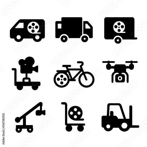 Film Crew Vehicle Icons. Solid, filled icon set of film crew transportation: van, truck, trailer, dolly cart, bike, drone, camera