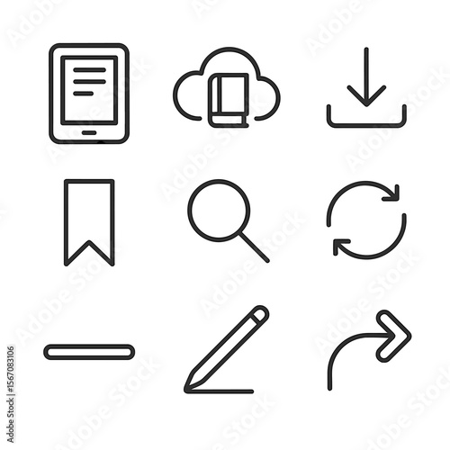 Digital Reading Icons. Outline icon set of digital reading collections: e-reader device, cloud library, download arrow, bookmark