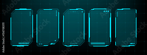 Five hud text box frame vectors with blue neon outline. Futuristic infographic interface. Empty template element for computer game.