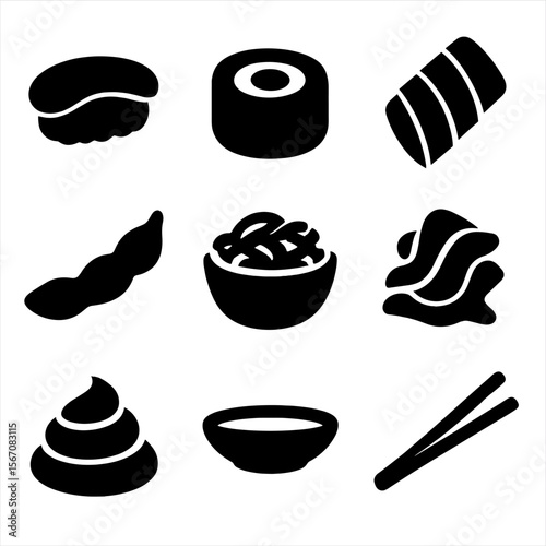 Sushi Icon Collection. Solid, Filled icon set of sushi appetizer bites: nigiri piece, maki roll, sashimi slice, edamame pod,