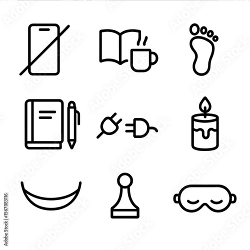 Digital Detox Icons. Outline icon set of digital detox and screen-free relaxation: smartphone crossed-out, book and cup icon,