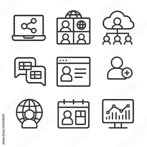 Digital Networking Icons. Outline icon set of digital professional networking: laptop displaying network graph, video call with