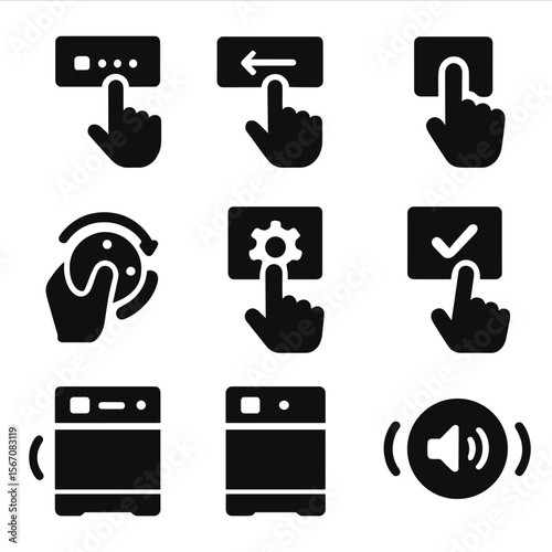 Dishwasher Interface Icons. Solid, filled icons set of user interaction with dishwasher panels: finger tap,
