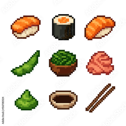 Sushi Pixel Art Icons. Pixel art icon set of sushi appetizer bites: nigiri piece, maki roll, sashimi slice, edamame pod, seaweed