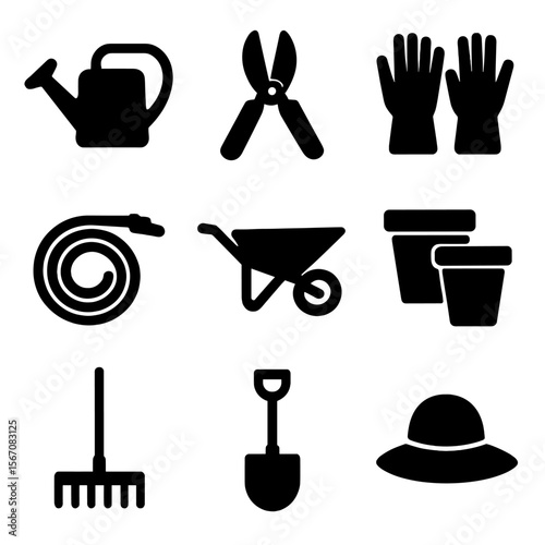 Garden Icon Set. Solid, filled icon set of garden accessories: watering can, pruning shears, gloves, garden hose, wheelbarrow,