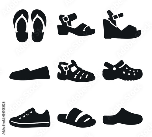 Summer Shoe Icons. Solid, filled icons set of summer shoes: flip-flops, open-toe sandals, wedges, espadrilles,