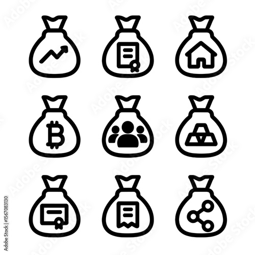 Investment Icons Grid. Solid, filled icon set of money bag investment types: stocks, bonds, real estate, cryptocurrency, mutual