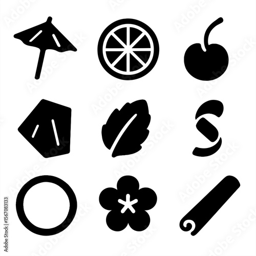 Garnish Icon Set. Solid, filled icon set of garnishes and decorations: cocktail umbrella, lime wheel, cherry, pineapple chunk,