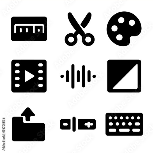 Film Editing Icons. Solid, filled icon set of film editing: timeline, cut tool, color palette, video clip, audio track, transition