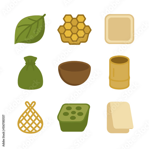 Sustainable Packaging Icons. Flat icon set of organic packaging forms: leaf wrap, honeycomb carton, mushroom pulp tray, seaweed