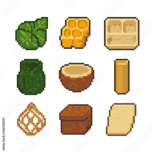 Sustainable Packaging Icons. Pixel art icon set of organic packaging forms: leaf wrap, honeycomb carton, mushroom pulp tray,