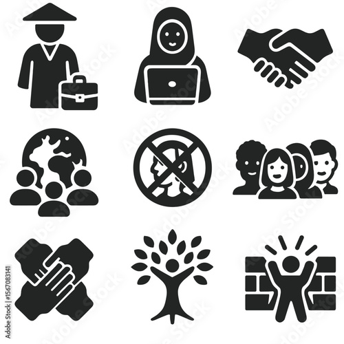 Diverse Cultural Icons. Solid, filled icons set of cultural stereotype challenges: traditional outfit and