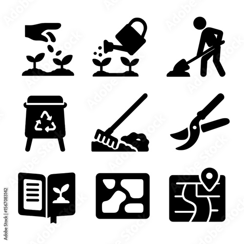 Gardening Icon Set. Solid, filled icon set of gardening activities: planting seeds, watering plants, digging soil, harvesting