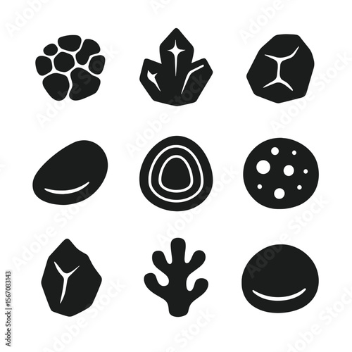 Gemstone Icons Grid. Solid, filled icon set of gemstone and materials: turquoise, amethyst, rose quartz, jade, agate, lava stone,