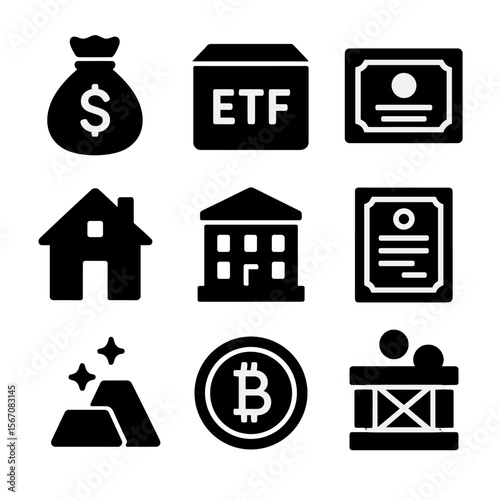 Investment Icons Grid. Solid, filled icon set of investment products and tools: mutual fund icon, ETF box, stock certificate, real
