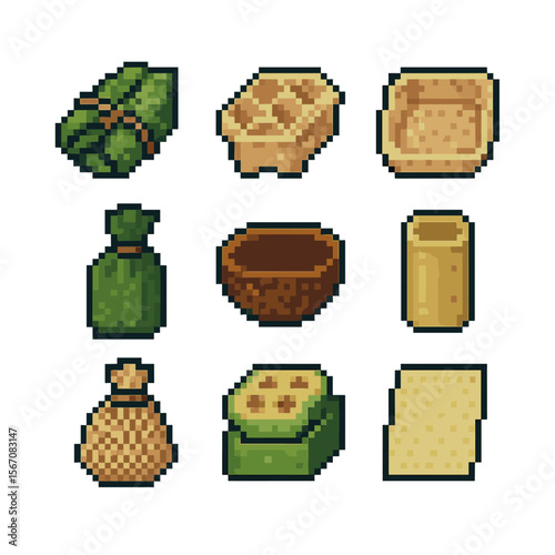 Sustainable Packaging Icons. Pixel art icon set of organic packaging forms: leaf wrap, honeycomb carton, mushroom pulp tray,