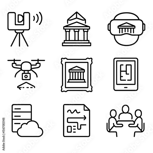 Digital Restoration Icons. Outline icon set of digital documentation and virtual restoration: 3D laser scan icon, BIM heritage