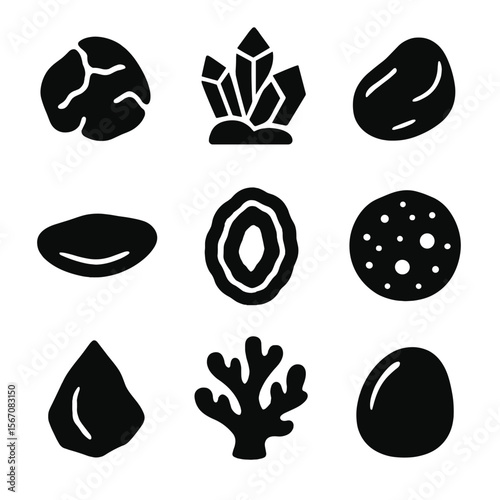 Gemstone Icons Grid. Solid, filled icon set of gemstone and materials: turquoise, amethyst, rose quartz, jade, agate, lava stone,