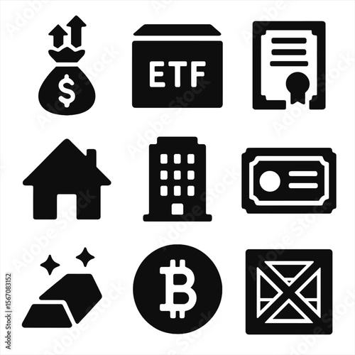 Investment Icons Grid. Solid, filled icon set of investment products and tools: mutual fund icon, ETF box, stock certificate, real