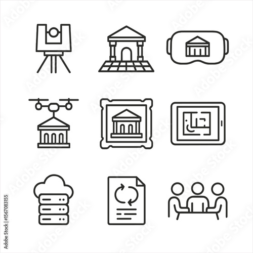 Digital Restoration Icons. Outline icon set of digital documentation and virtual restoration: 3D laser scan icon, BIM heritage