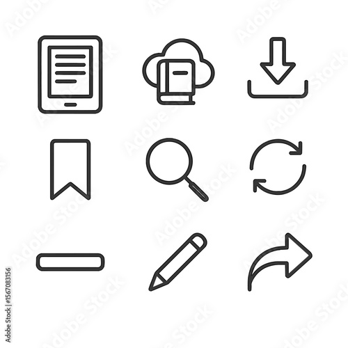Digital Reading Icons. Outline icon set of digital reading collections: e-reader device, cloud library, download arrow, bookmark