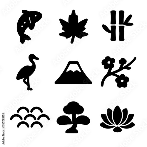 Japanese Nature Icons. Solid, filled icon set of Japanese nature symbols: koi fish, maple leaf, bamboo stalk, crane bird, mountain