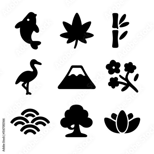 Japanese Nature Icons. Solid, filled icon set of Japanese nature symbols: koi fish, maple leaf, bamboo stalk, crane bird, mountain