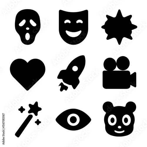 Film Genre Icons. Solid, filled icon set of film genres: horror mask, comedy mask, action explosion, romance heart, sci-fi