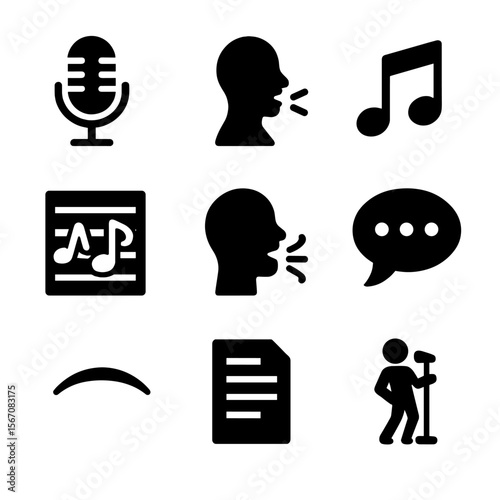 Jazz Vocal Icons. Solid, filled icon set of jazz vocal elements: vocal mic, singer silhouette, music notes, vocal chart, breath