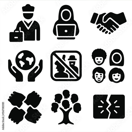 Diverse Cultural Icons. Solid, filled icons set of cultural stereotype challenges: traditional outfit and
