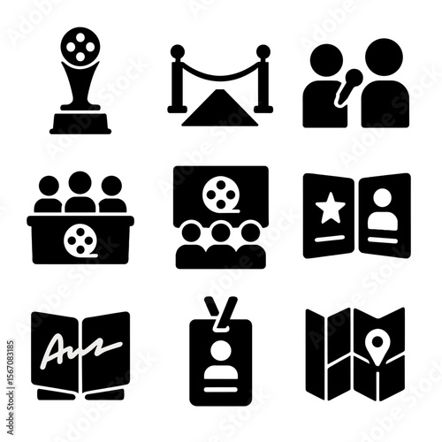 Film Festival Icons. Solid, filled icon set of film festival activities: award ceremony, red carpet, press interview, panel