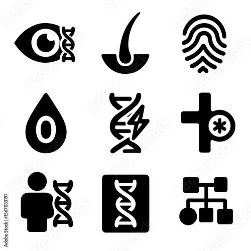 Genetic Markers Icons. Solid, filled icon set of genetic markers and traits: eye color gene, hair strand, fingerprint, blood type,
