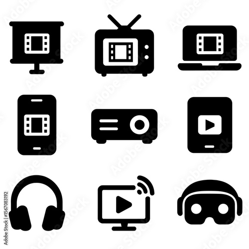 Film Viewing Icons. Solid, filled icon set of film viewing devices: cinema screen, TV set, laptop, smartphone, projector, tablet,